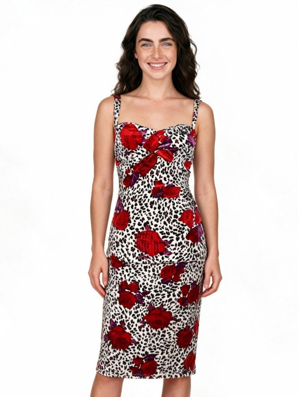 RARE Bettie Page by Tatyana Retro Wiggle Pinup Midi Dress, White w/ Red Roses XS